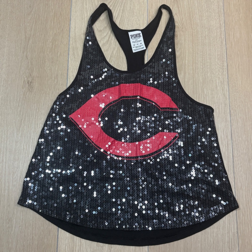 PINK Victoria's Secret Cincinnati Reds MLB Sequin Racerback Tank Top Black XS